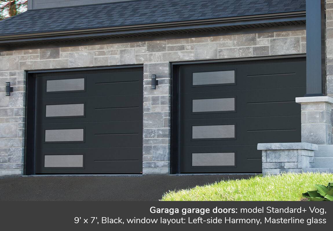 Garaga garage door: Model Standard+ Vog, 9' x 7', Black, window layout: Left-side Harmony, Masterline glass